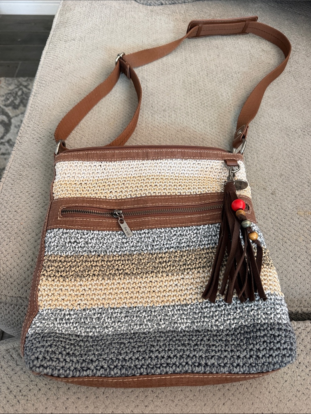The Sak Striped Woven Crossbody in Brown, Cream & Gray